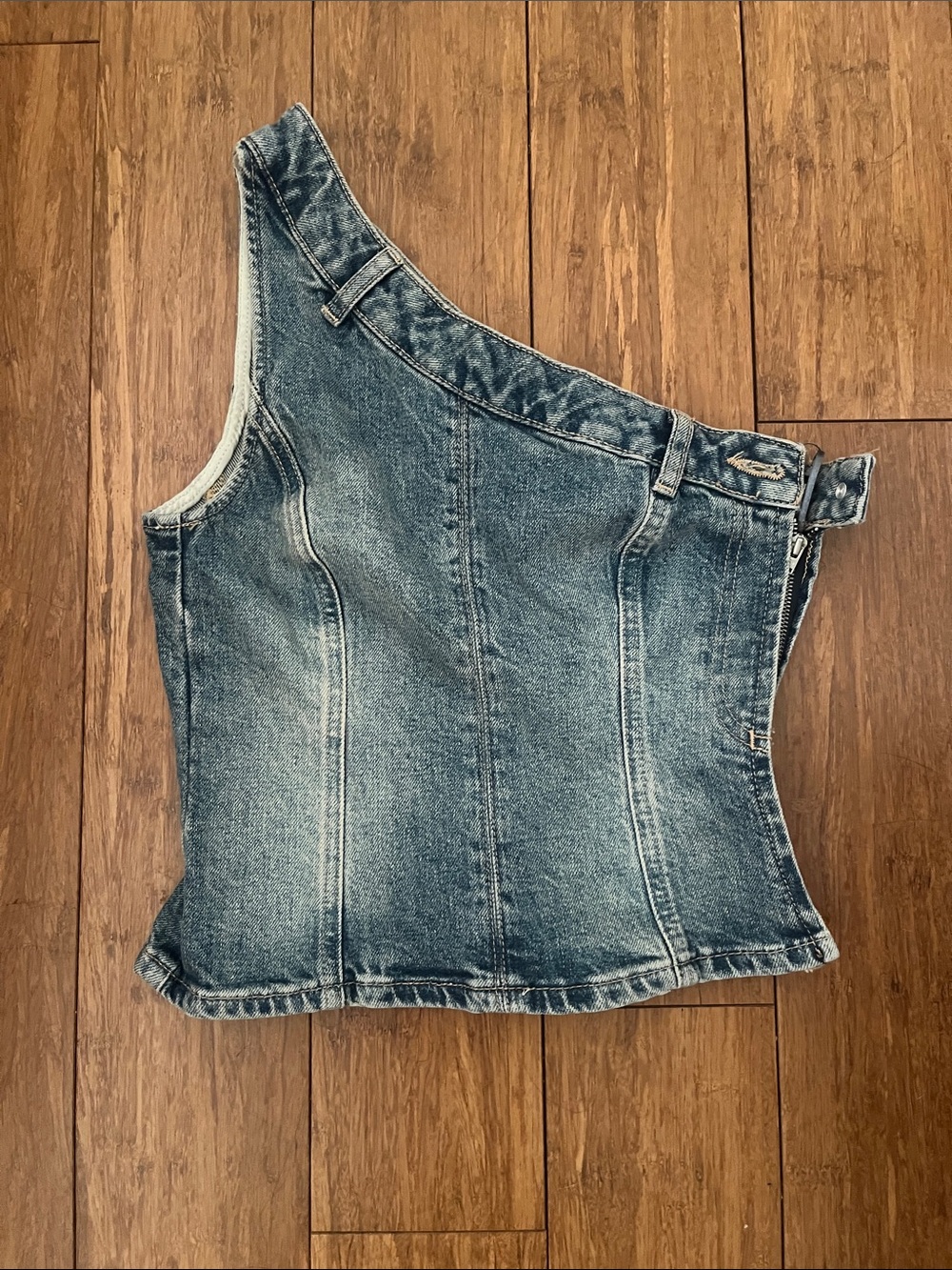Zara One-Shoulder Denim Corset Top in Faded Blue